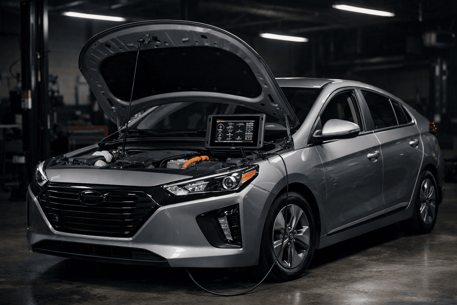 Hyundai Ioniq pierwszej generacji HEV (AE, 2016–2019) w warsztacie diagnostycznym z podniesiętą maską — tablet Autel MaxiSYS Ultra widoczny przez przednią szybę, kabel OBD podpięty