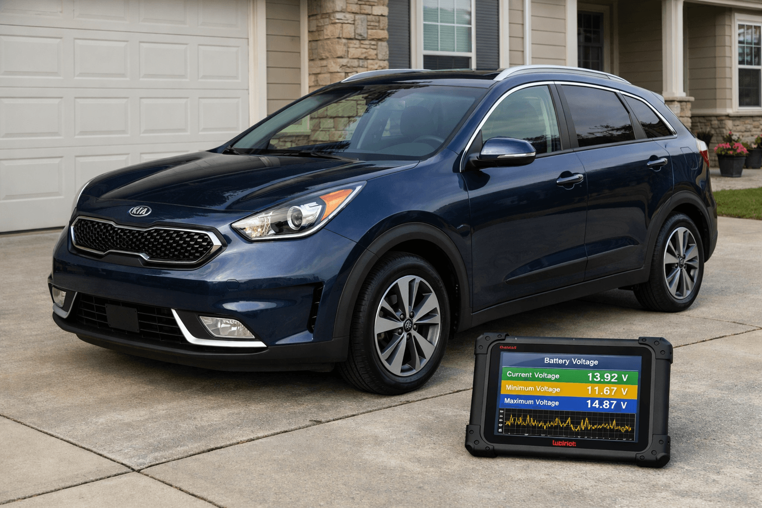 Kia Niro HEV pierwszej generacji (DE, 2019) podczas mobilnego audytu diagnostycznego — tablet Autel MaxiSYS z podłączonym kablem OBD, samochód w czystych warunkach zewnętrznych