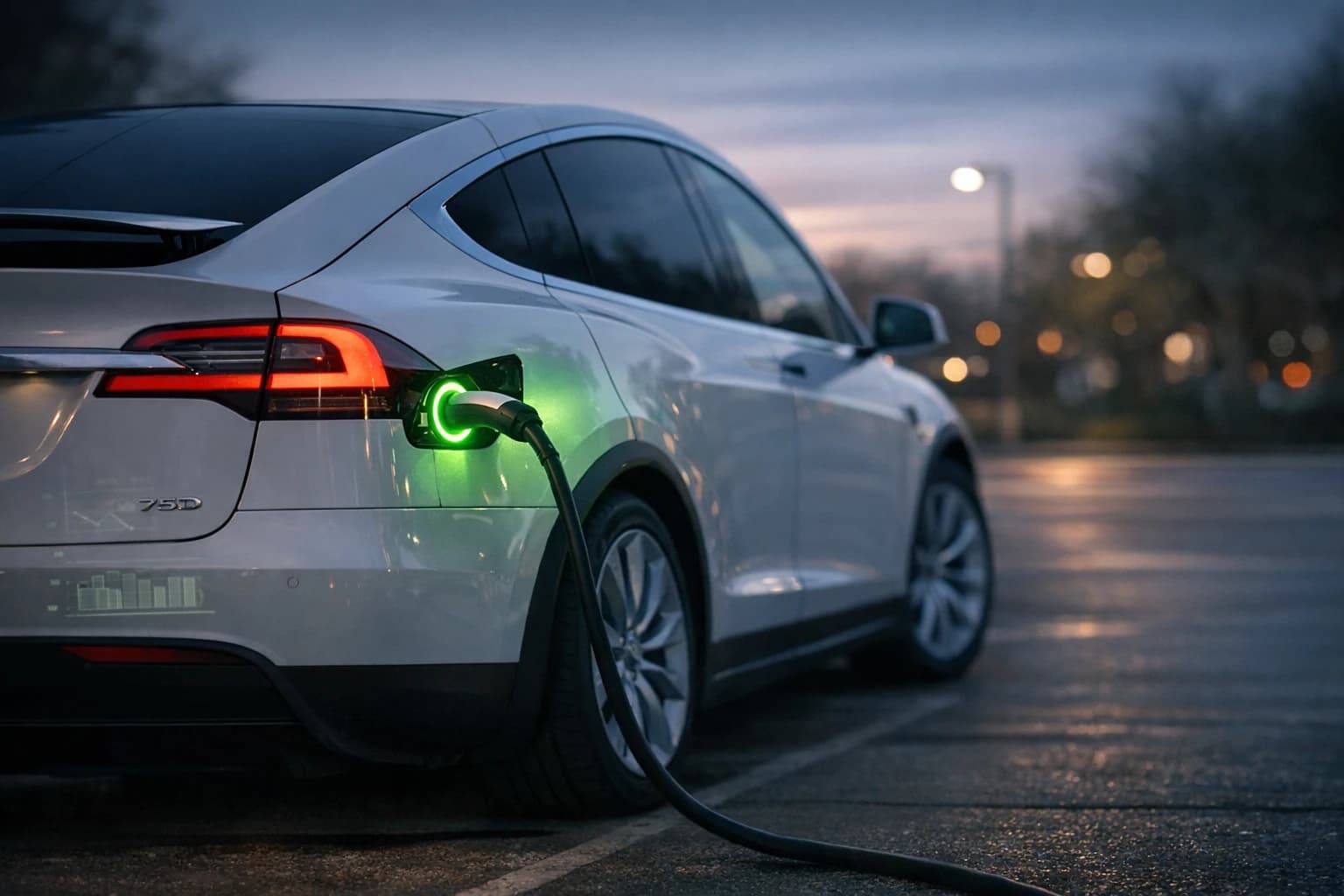 Biała Tesla Model X 75D widziana od tyłu o zmierzchu z otwartym gniazdem ładowania w lewym tylnym narożniku, wtyczka ładowarki wpięta, pierścień gniazda podświetlony na zielono, subtelny diagnostyczny akcent