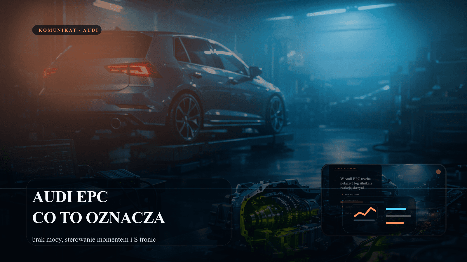 Audi z komunikatem EPC i panelem diagnostycznym dla braku mocy oraz S tronic.