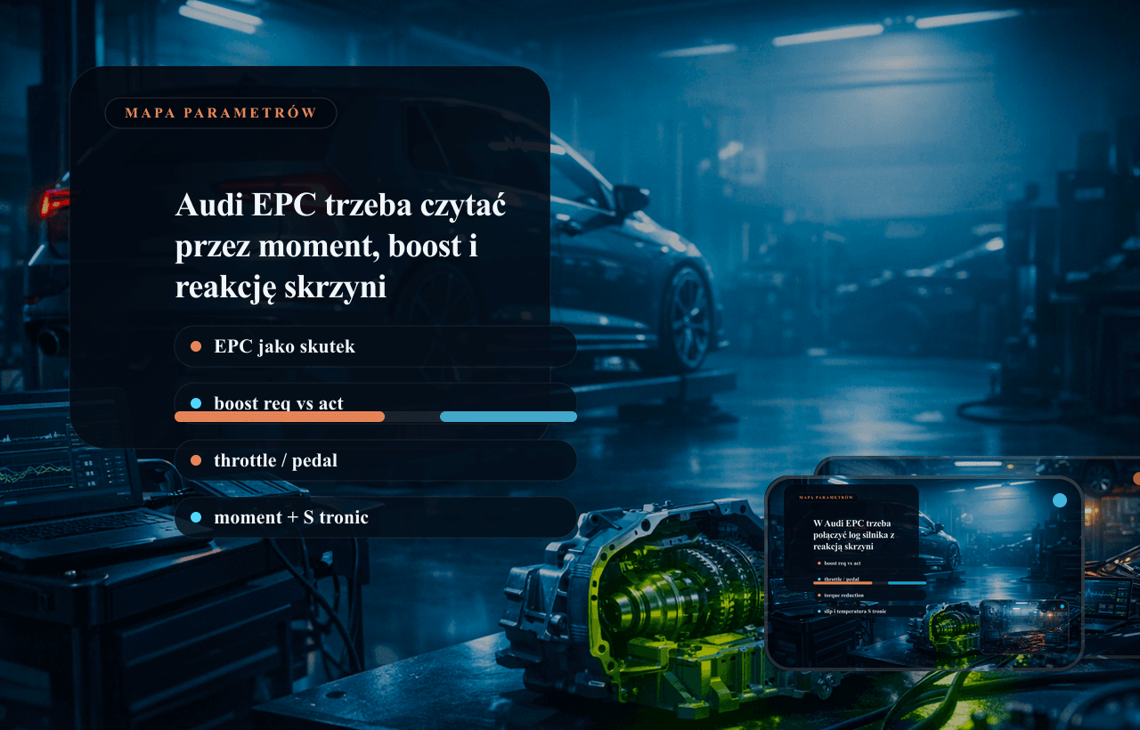 Panel danych Audi EPC z analizą boostu, momentu i reakcji skrzyni.