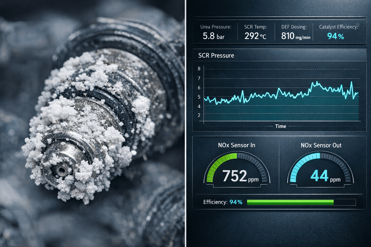 Porównanie skrystalizowanego wtryskiwacza AdBlue z wykresem ciśnienia i odczytami czujnika NOx na interfejsie diagnostycznym Mercedes.