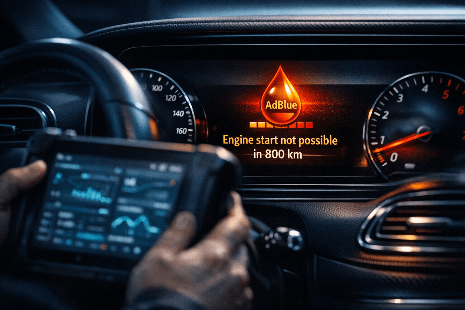 Deska rozdzielcza Mercedes-Benz z komunikatem o zablokowaniu rozruchu silnika z powodu usterki systemu AdBlue obok tabletu diagnostycznego.