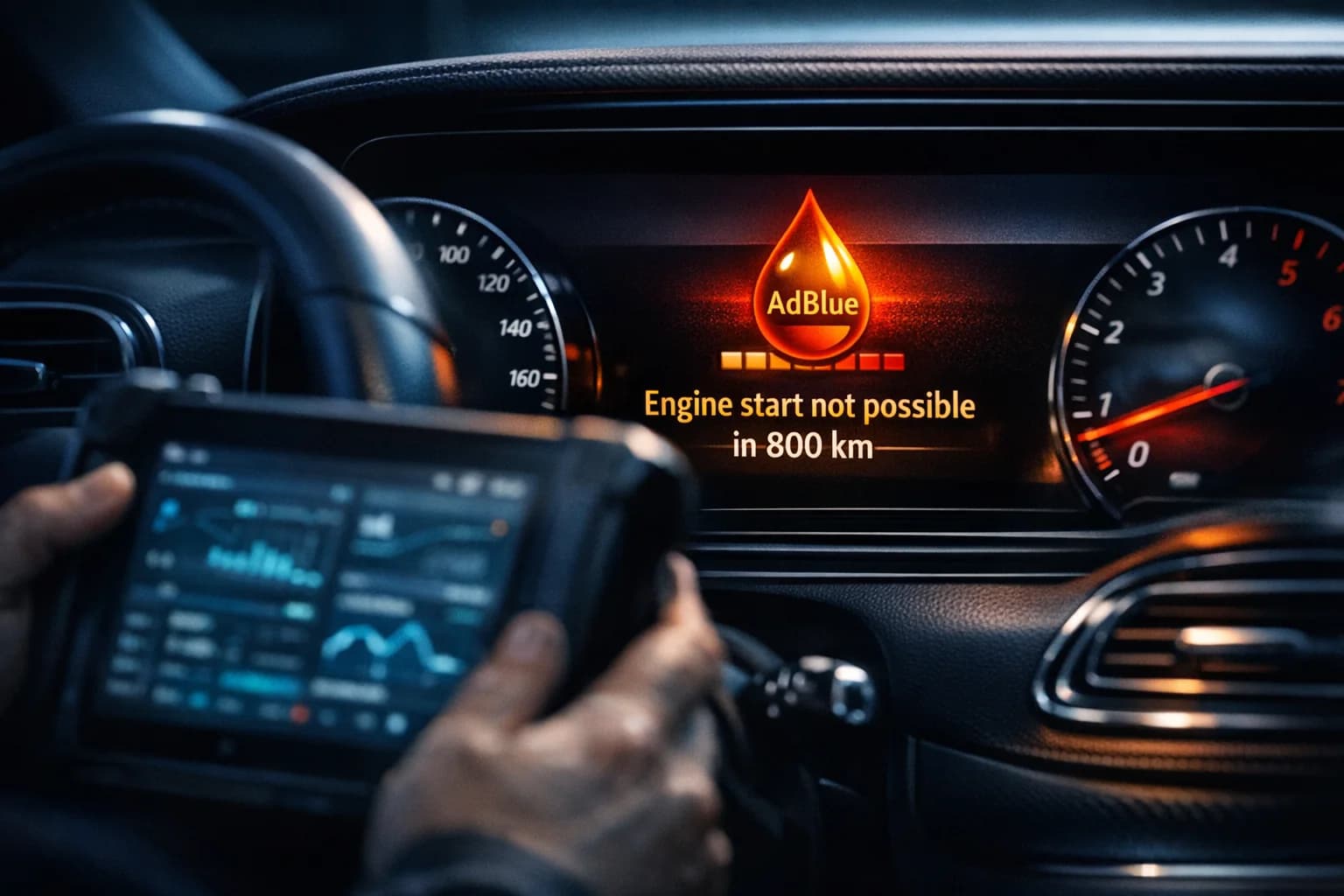 Deska rozdzielcza Mercedes-Benz z komunikatem o zablokowaniu rozruchu silnika z powodu usterki systemu AdBlue obok tabletu diagnostycznego.