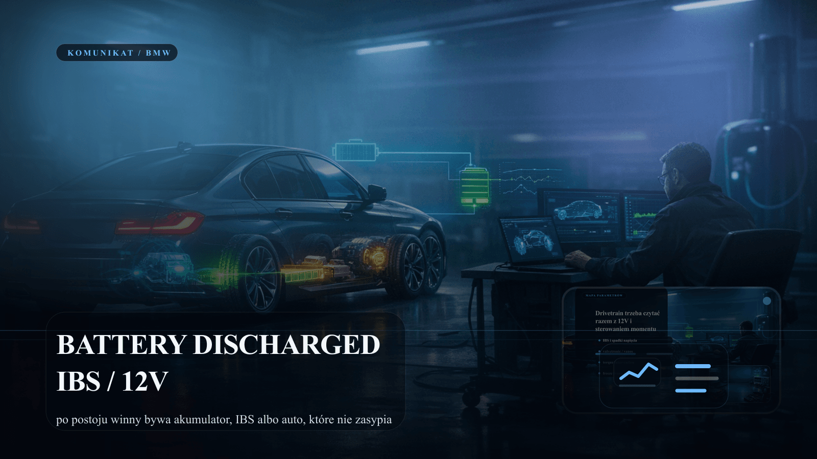 BMW z komunikatem Battery Discharged i panelem diagnostycznym dla IBS oraz 12V.