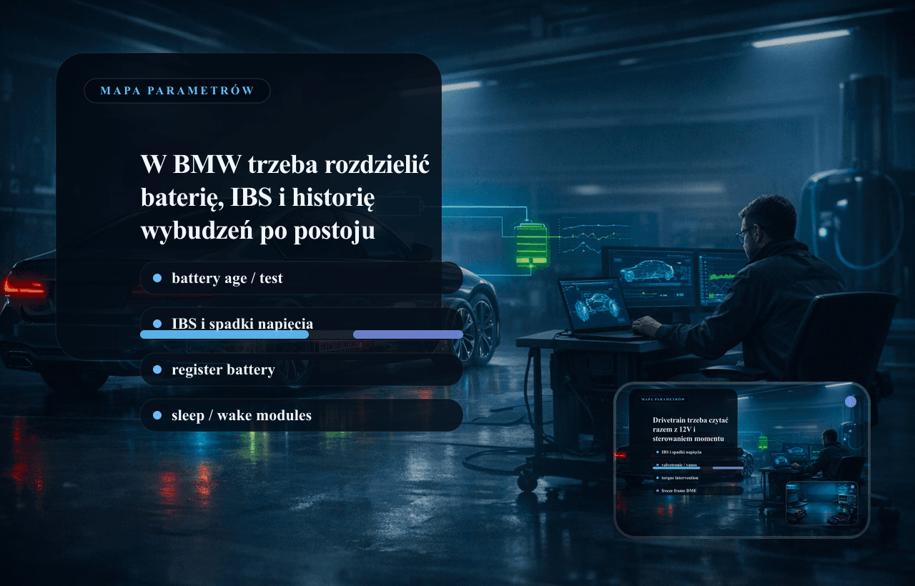 Panel danych BMW z IBS, spadkami napiecia i historia wybudzen po postoju.