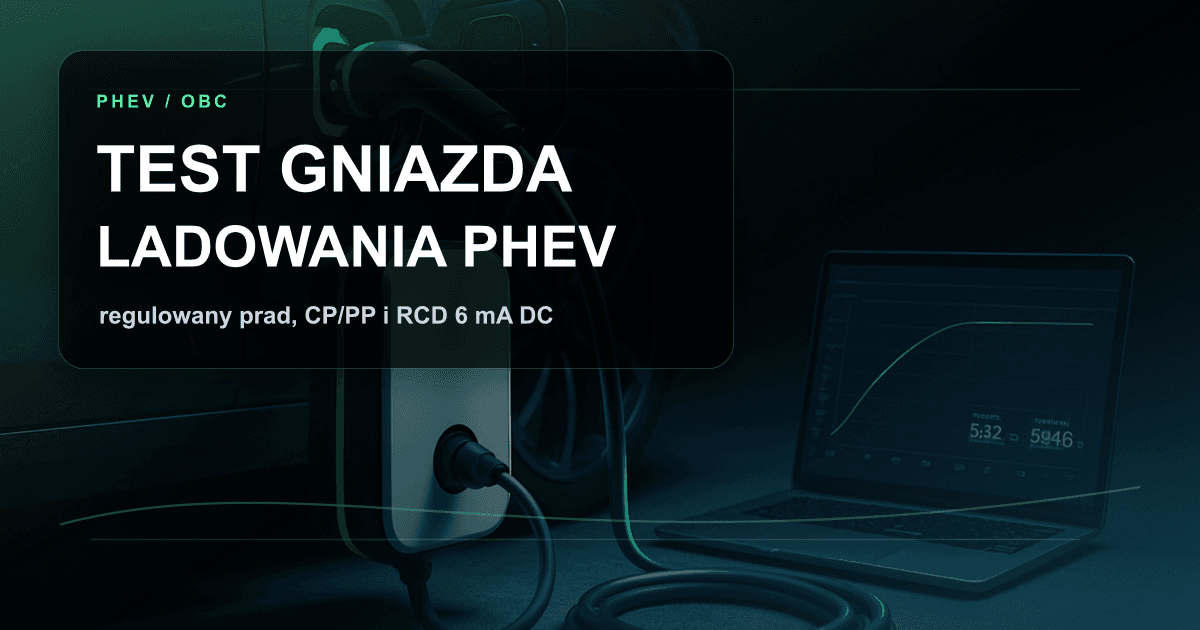 Test gniazda ładowania PHEV z regulowanym prądem, CP/PP, OBC i RCD 6 mA DC.