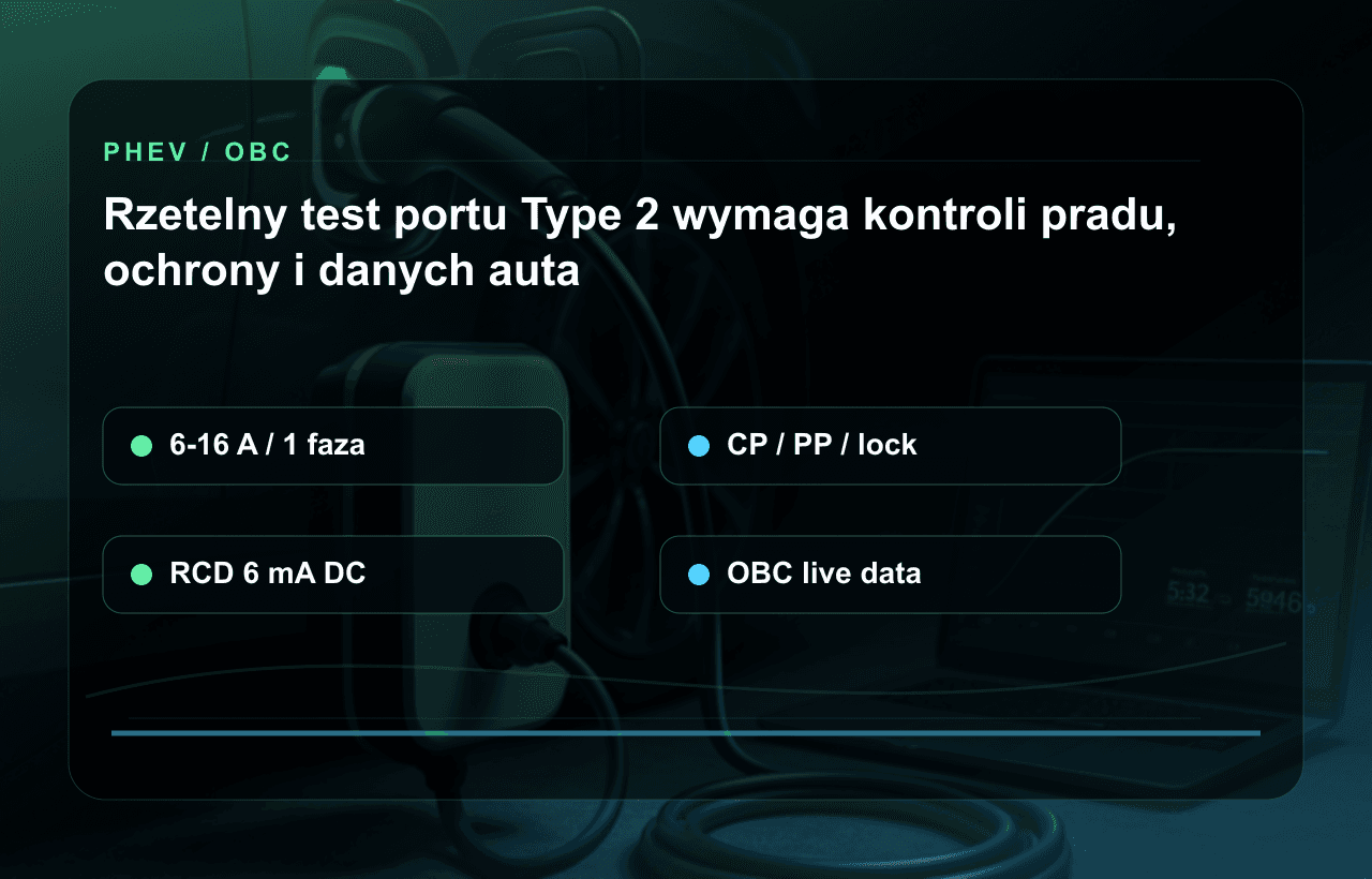 Zakres rzetelnego testu gniazda ładowania PHEV: regulowany prąd, CP/PP, RCD 6 mA DC i live data OBC.