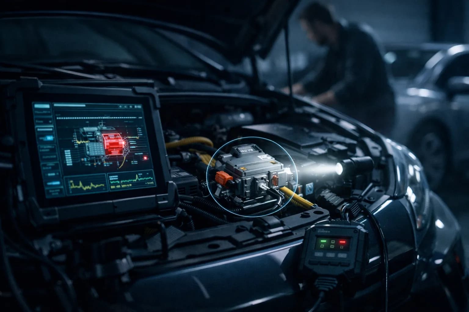 Błędy inwertera na panelu diagnostycznym używanej hybrydy.