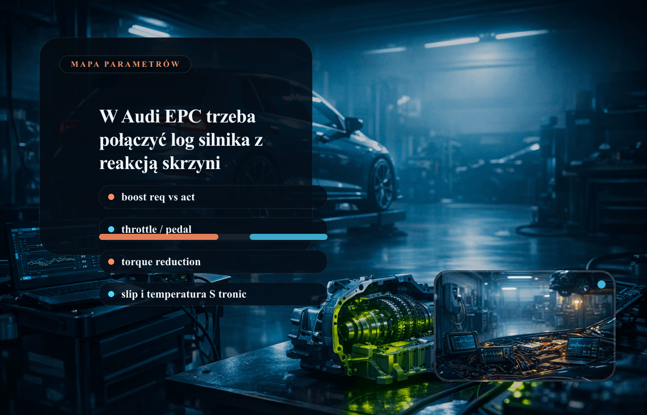 Panel danych live data Audi: EPC, doładowanie, przepustnica i zależność z S tronic.