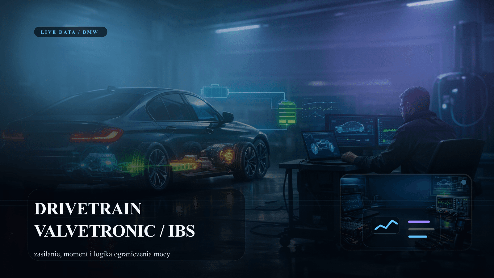 Diagnostyka BMW z komunikatem drivetrain malfunction i analizą danych na laptopie.