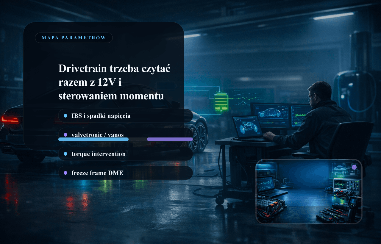 Panel danych live data BMW: IBS, Valvetronic, VANOS i ograniczenie momentu przy drivetrain malfunction.