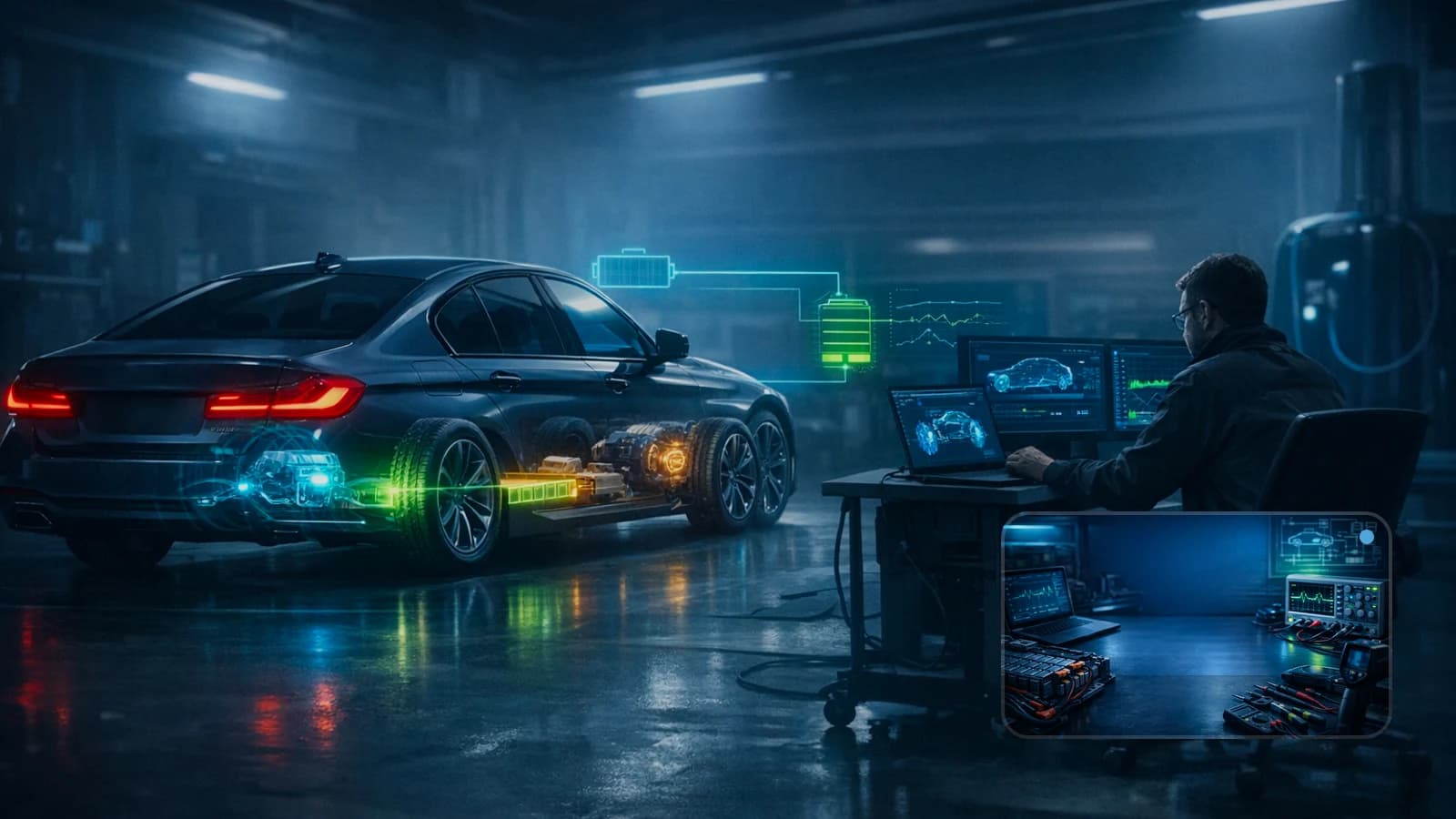 Diagnostyka BMW z komunikatem drivetrain malfunction i analizą danych na laptopie.