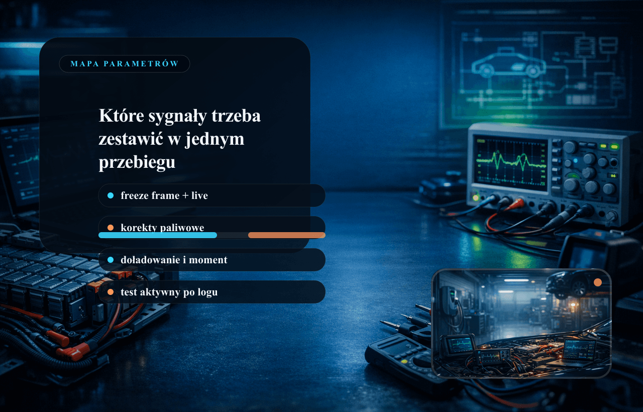 Panel procesu diagnostycznego: freeze frame, live data, log drogowy i test aktywny.