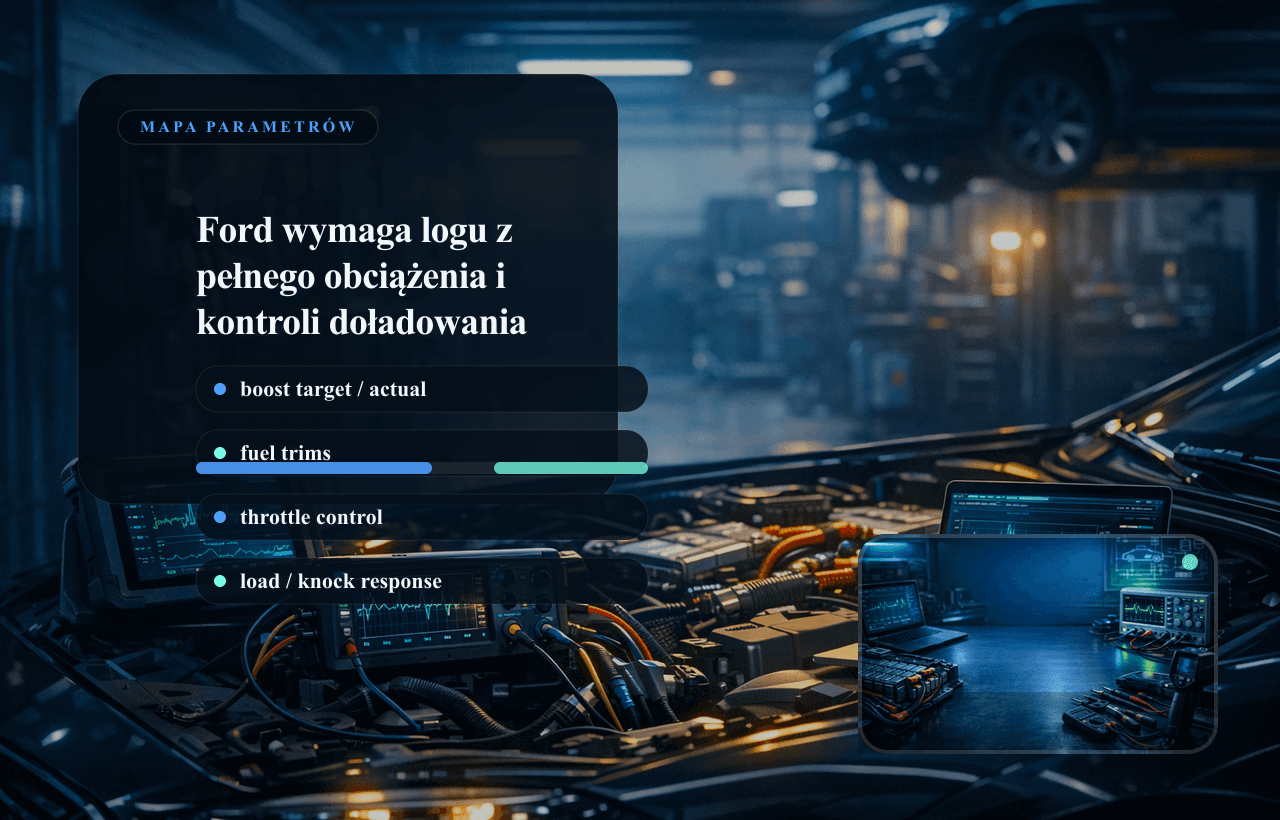 Panel danych live data Ford: żądane i rzeczywiste doładowanie, korekty paliwowe i przepustnica.