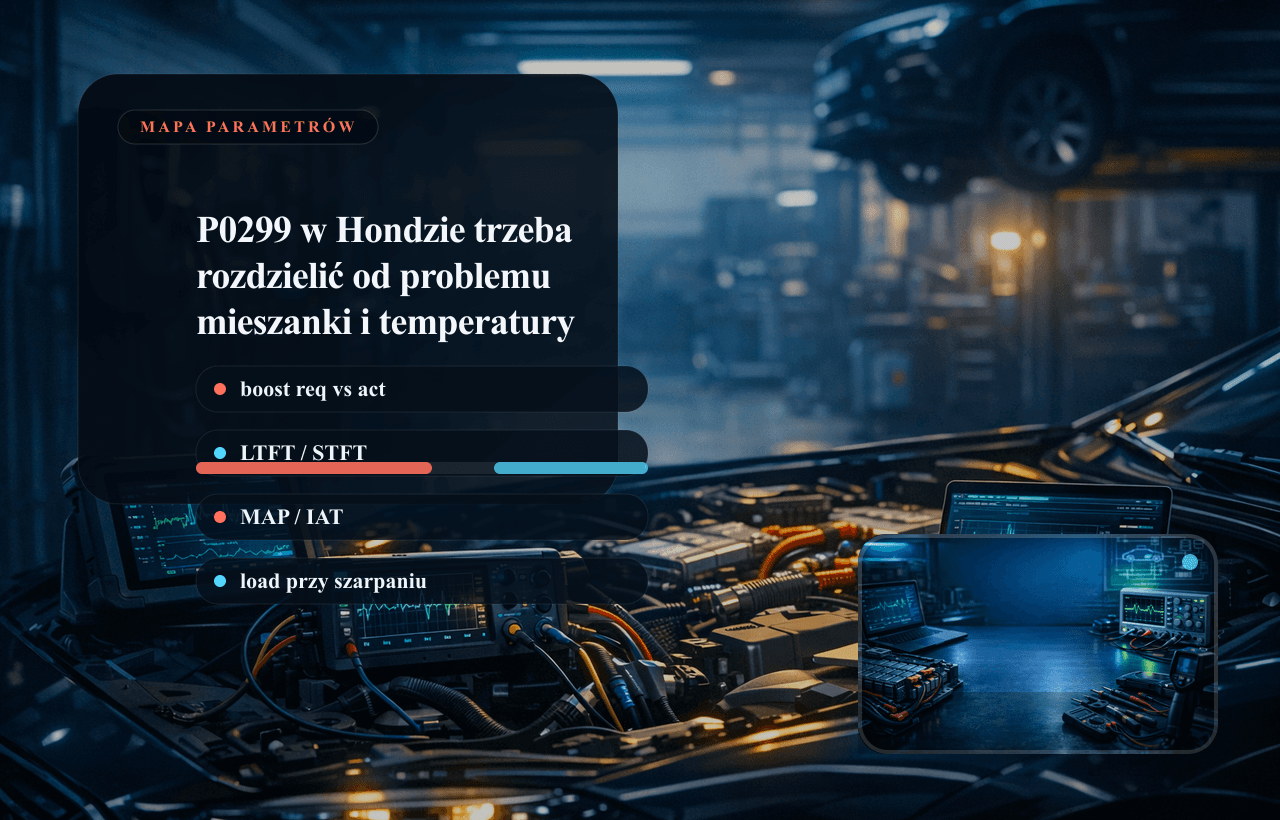 Panel danych live data Honda: P0299, korekty paliwowe, MAP i temperatura zasysanego powietrza.
