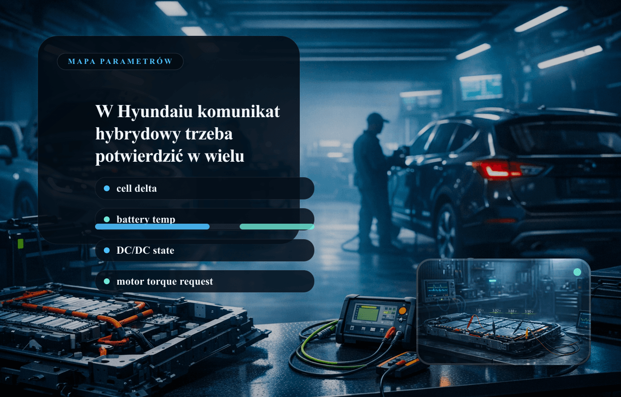 Panel danych live data Hyundai: bateria HV, odchyłki ogniw, temperatura napędu i konwerter DC/DC.
