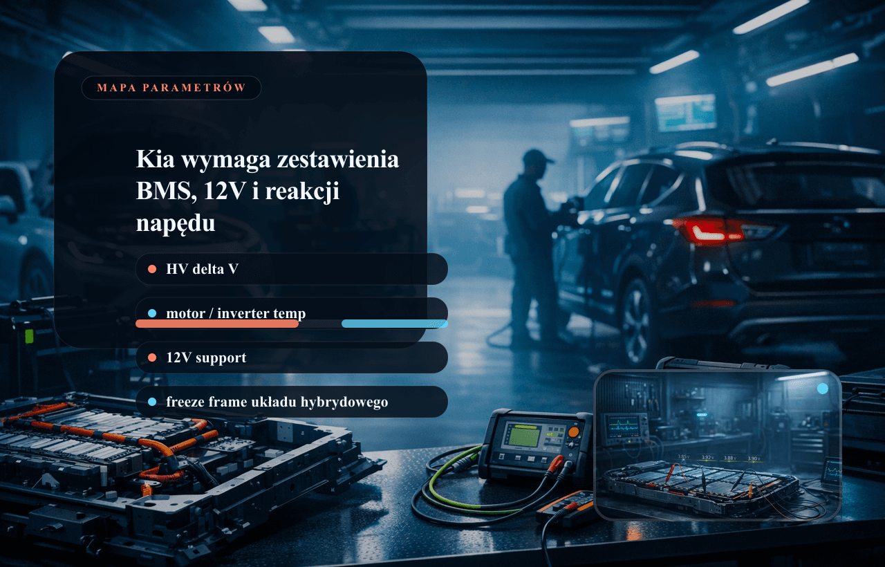 Panel danych live data Kia: bateria HV, odchyłki ogniw, temperatura napędu i wsparcie 12V.