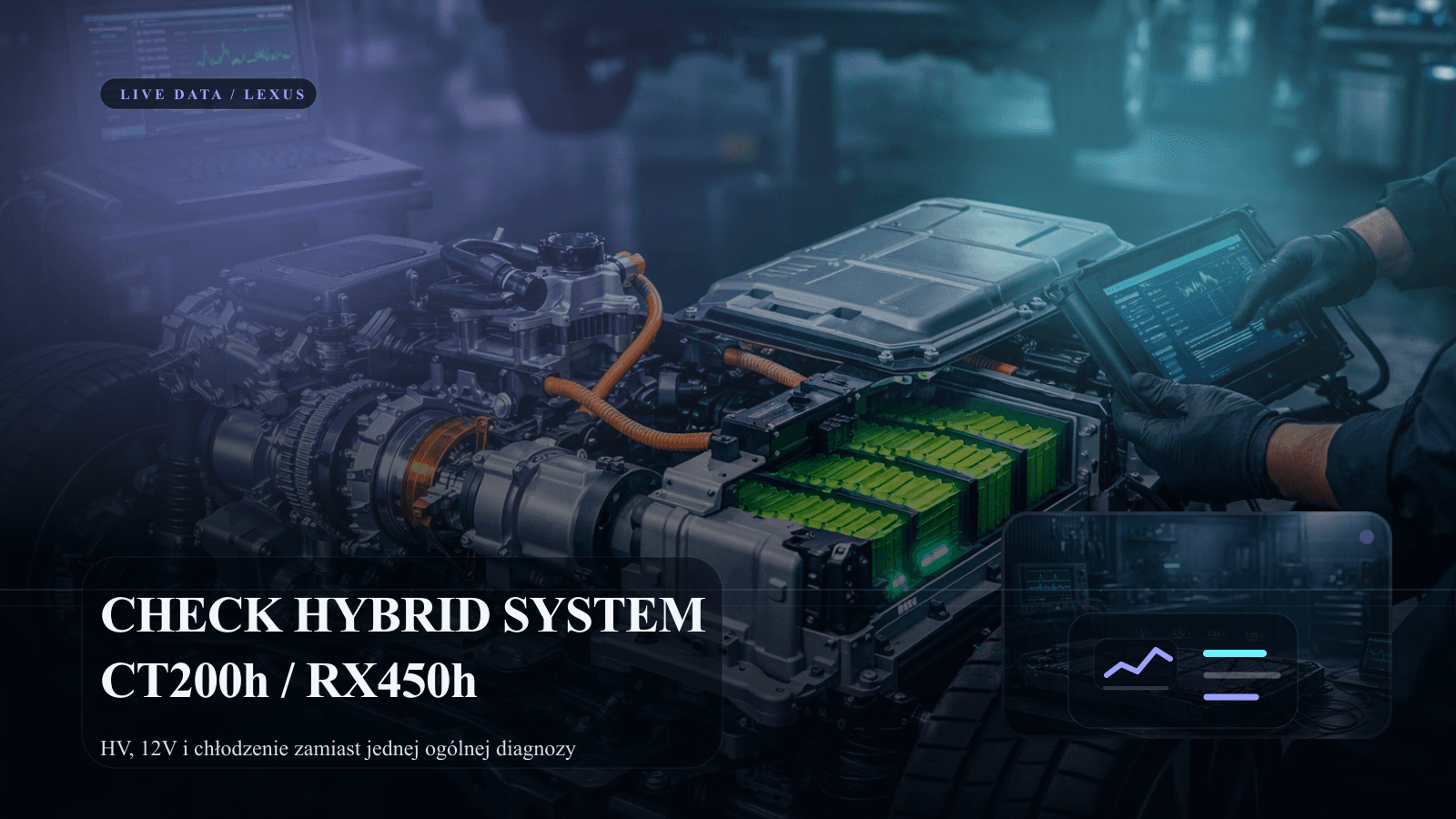 Diagnostyka Lexusa z komunikatem check hybrid system i analizą danych baterii.