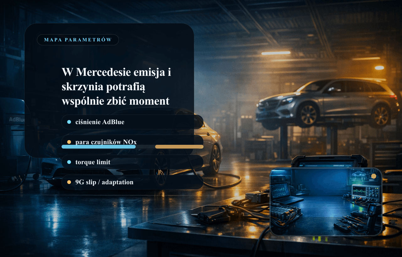 Panel danych live data Mercedes: AdBlue, NOx, ograniczenie momentu i poślizg 9G-Tronic.