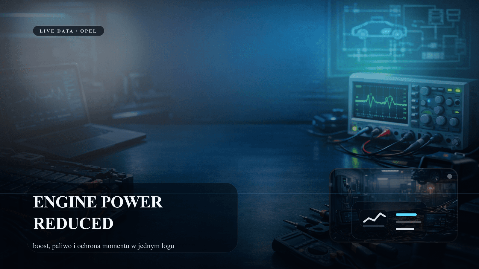 Diagnostyka Opla z komunikatem engine power reduced i logami live data.