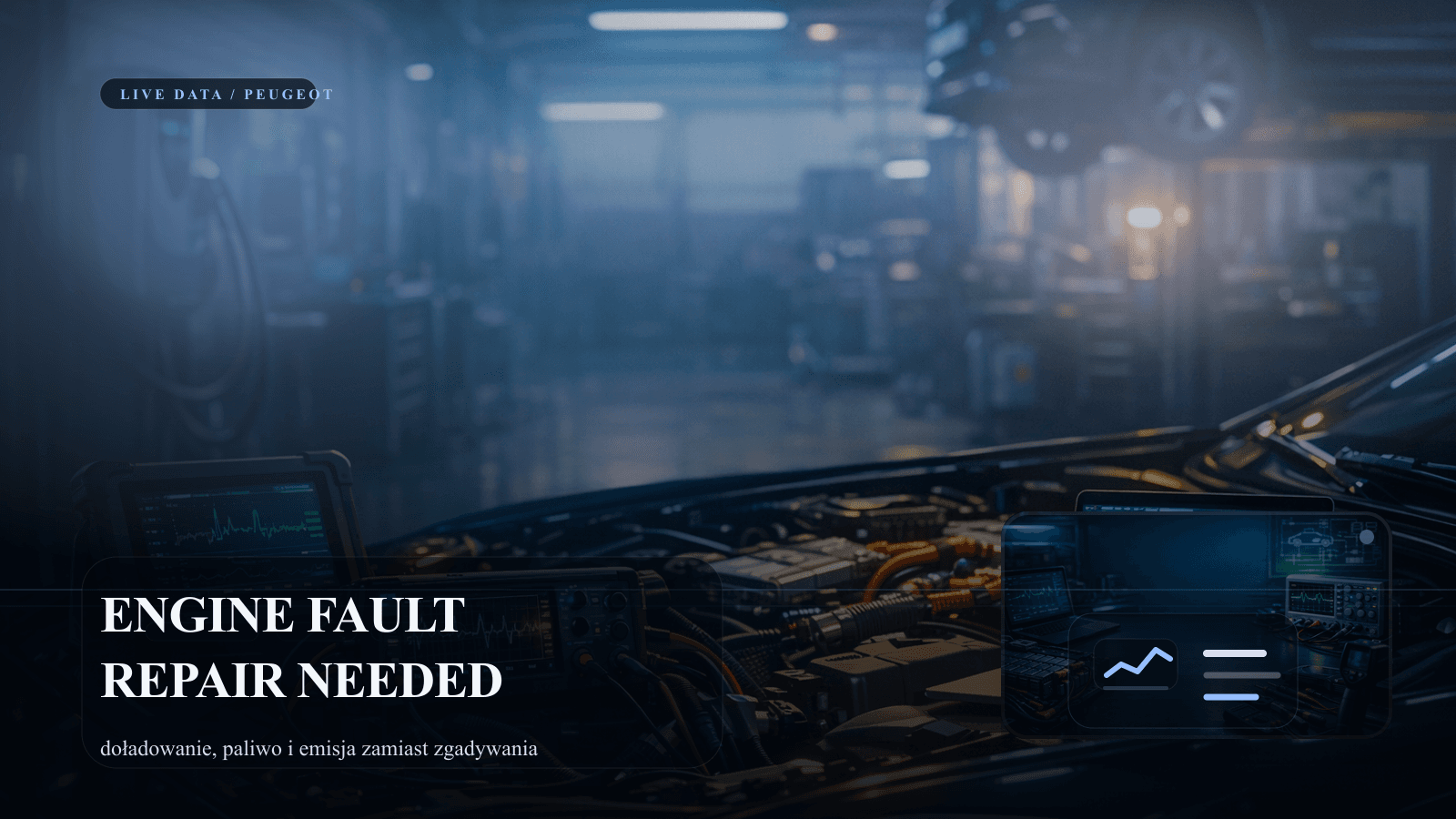 Diagnostyka Peugeot z komunikatem engine fault repair needed i analizą danych.