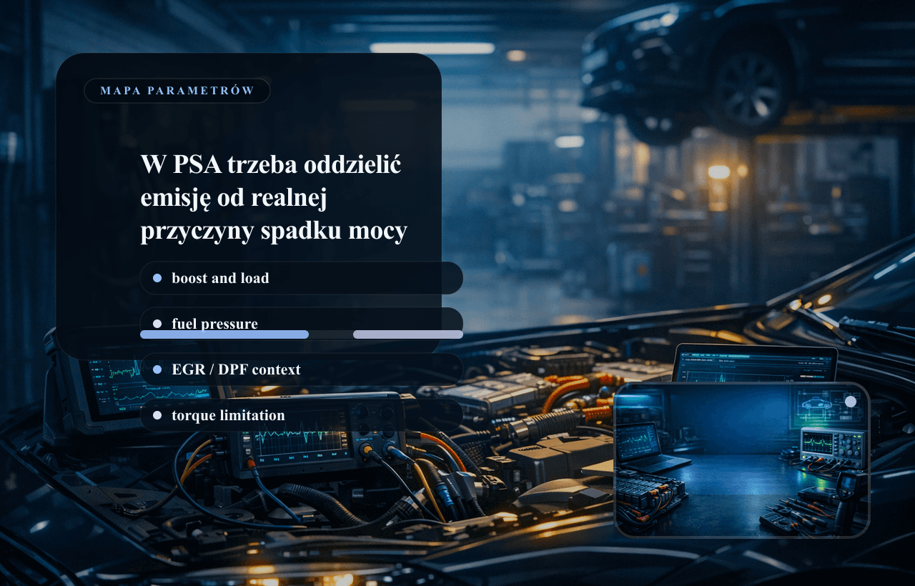 Panel danych live data Peugeot: doładowanie, ciśnienie paliwa, emisja i ograniczenie momentu.