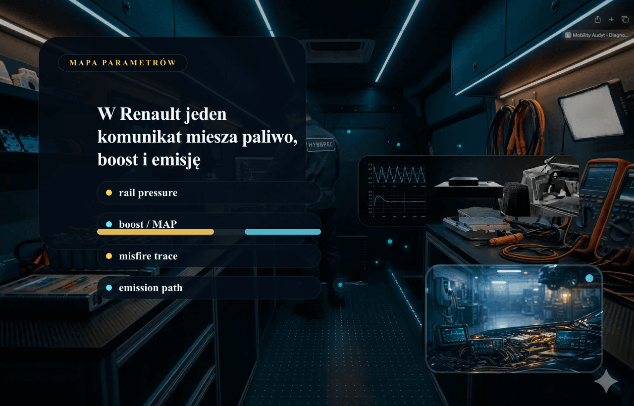 Panel danych live data Renault: ciśnienie paliwa, MAP, misfire i ścieżka anti-pollution.