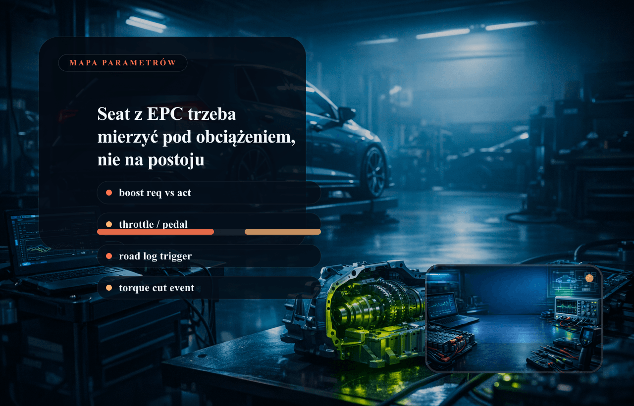 Panel danych live data Seat: EPC, przepustnica, doładowanie i log drogowy przy braku mocy.