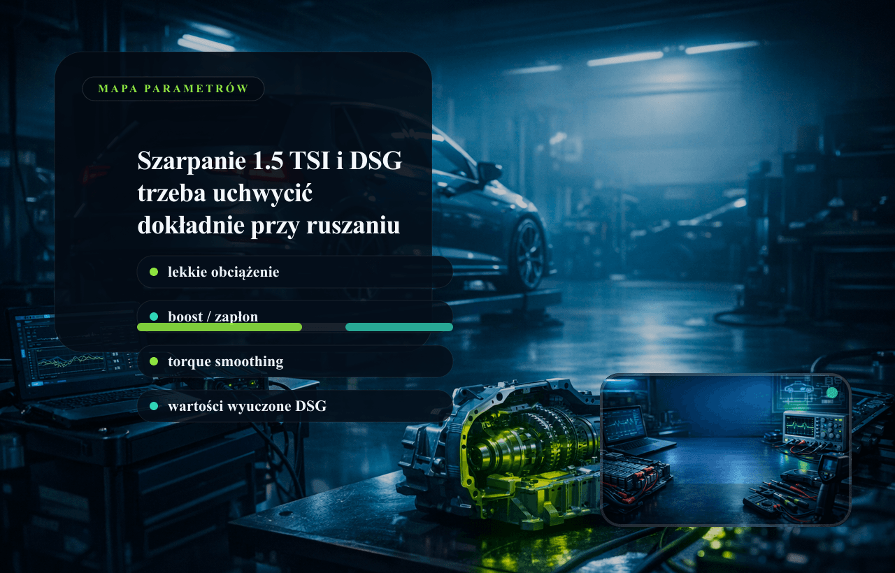 Panel danych live data Skoda: EPC, 1.5 TSI, log drogowy i wartości wyuczone DSG.