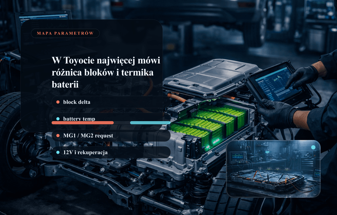 Panel danych live data Toyota: MG1/MG2, SOC, delta napięć i temperatury baterii hybrydowej.