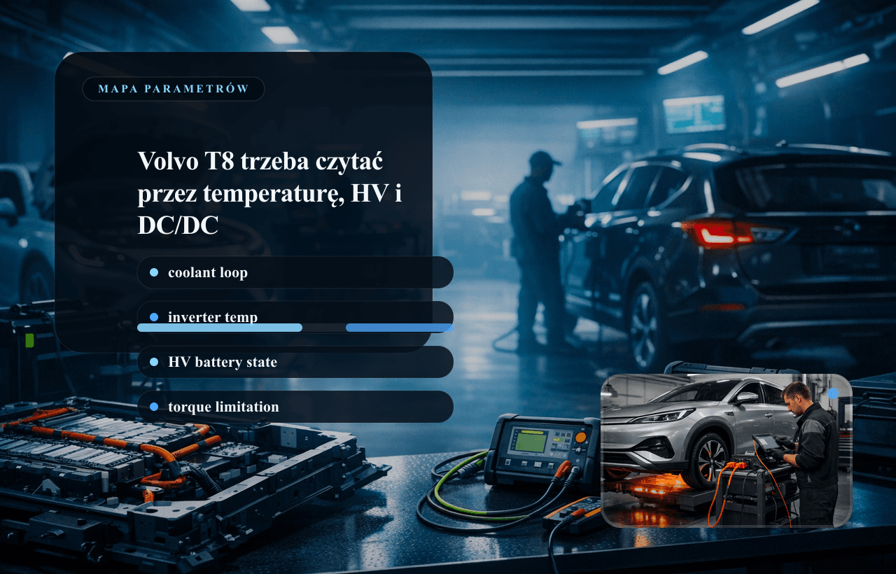 Panel danych live data Volvo T8: bateria HV, chłodzenie, temperatura falownika i DC/DC.