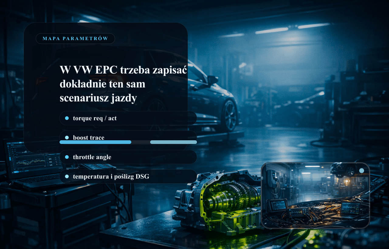 Panel danych live data VW: EPC, moment zadany, doładowanie i temperatura DSG.
