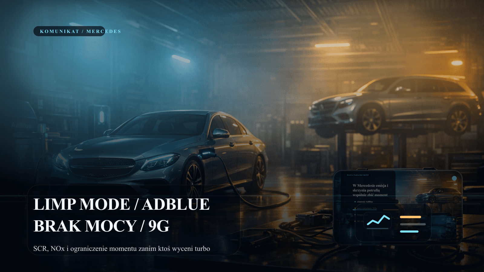 Mercedes z limp mode i panelem diagnostycznym dla AdBlue, braku mocy oraz 9G-Tronic.