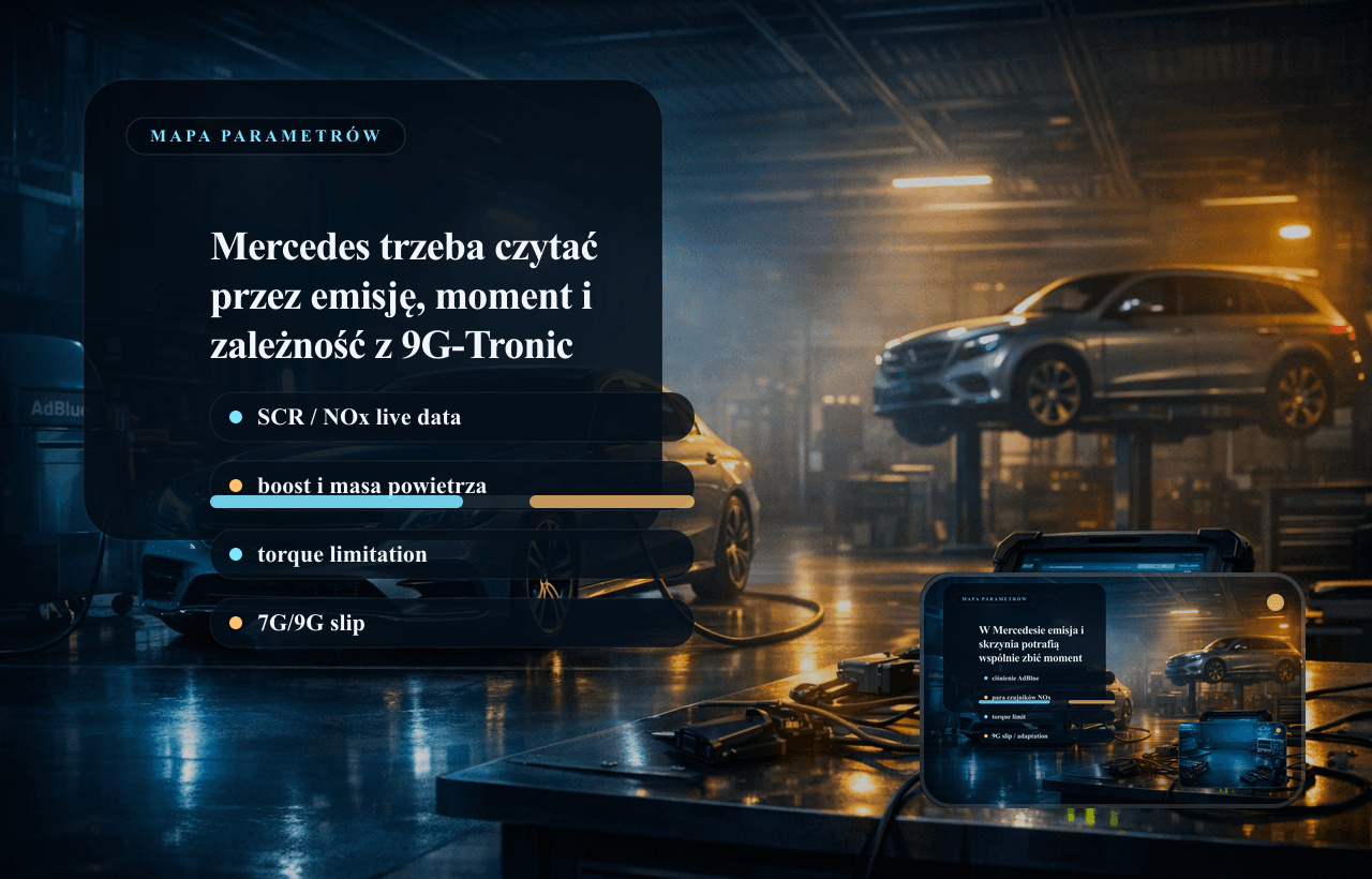 Panel danych Mercedesa z emisja, momentem i parametrami 9G-Tronic.