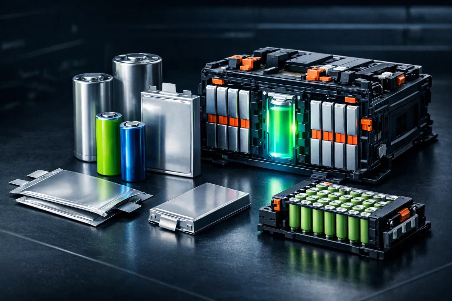 Różne typy ogniw i modułów baterii EV oraz HEV.