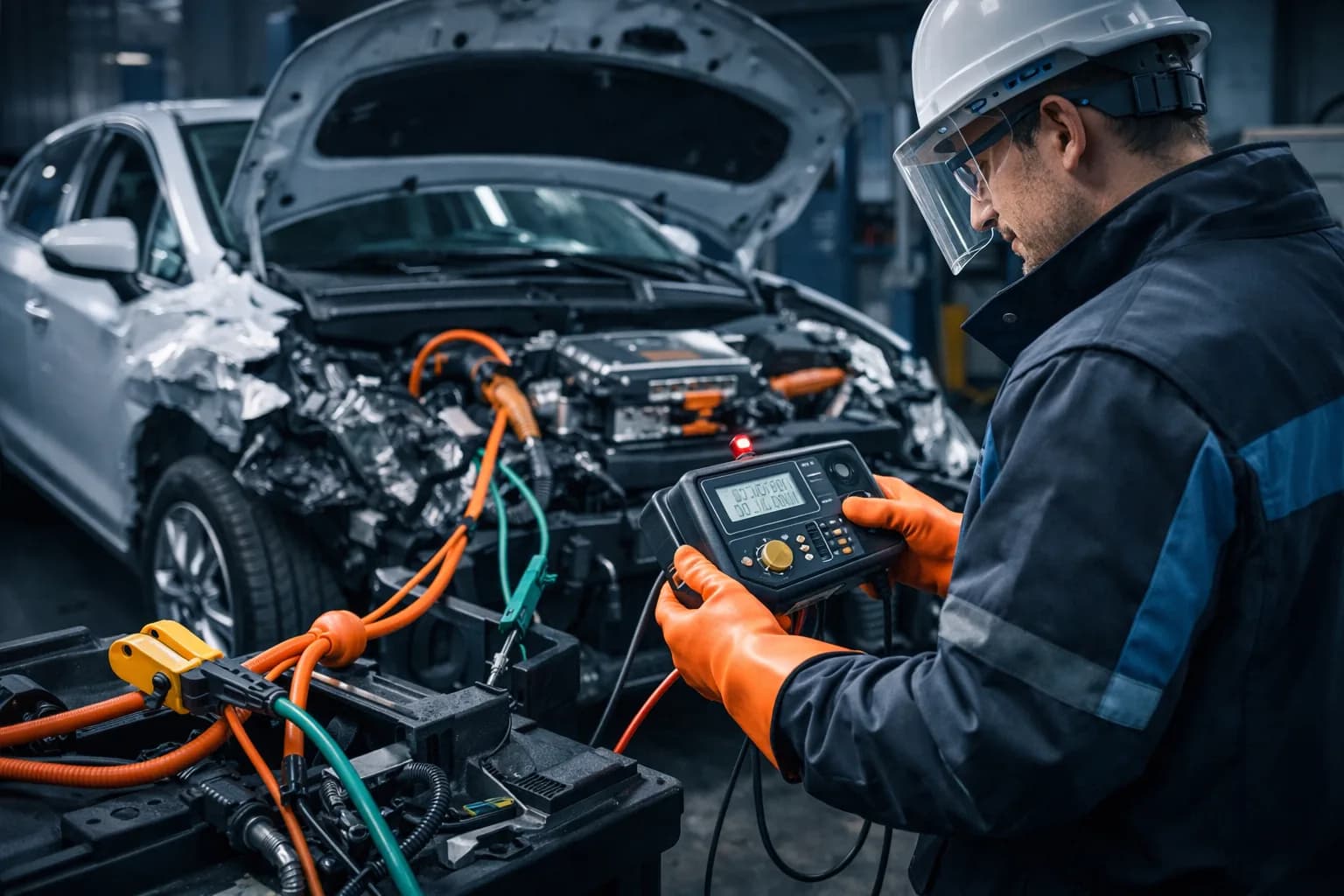 Schemat testu izolacji HV przed montazem falownika, ladowarki OBC i przewodu.