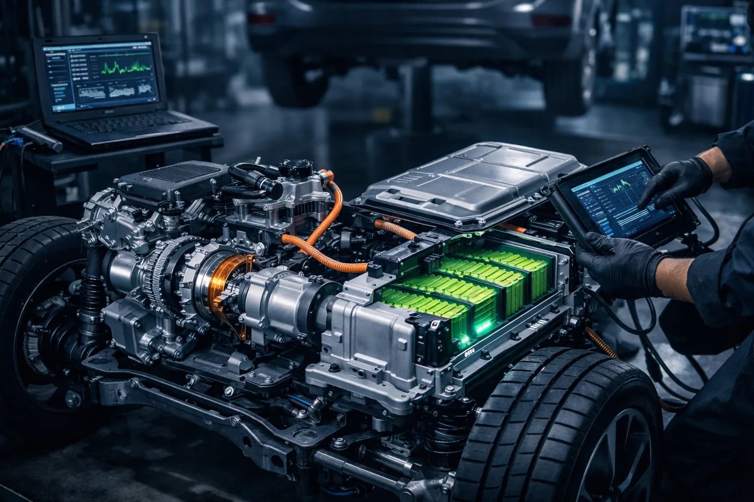 Schemat Toyota Hybrid Synergy Drive z MG1, MG2 i przekładnią planetarną.