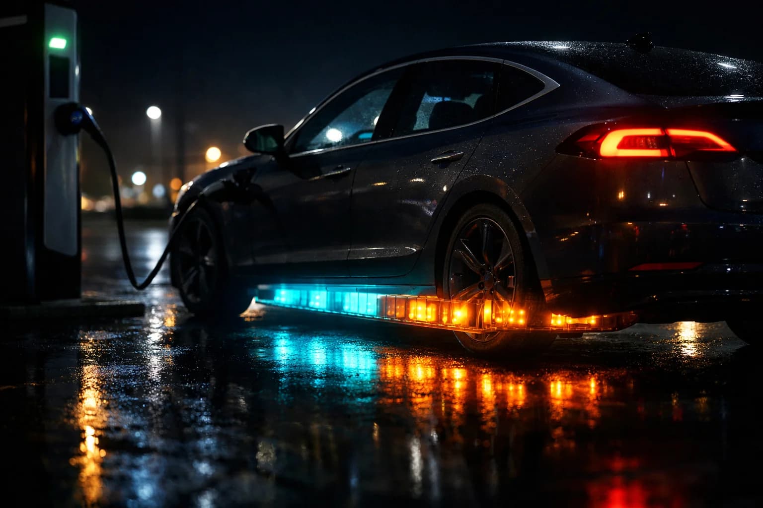 Samochód elektryczny przy ładowarce z wizualizacją zasięgu.