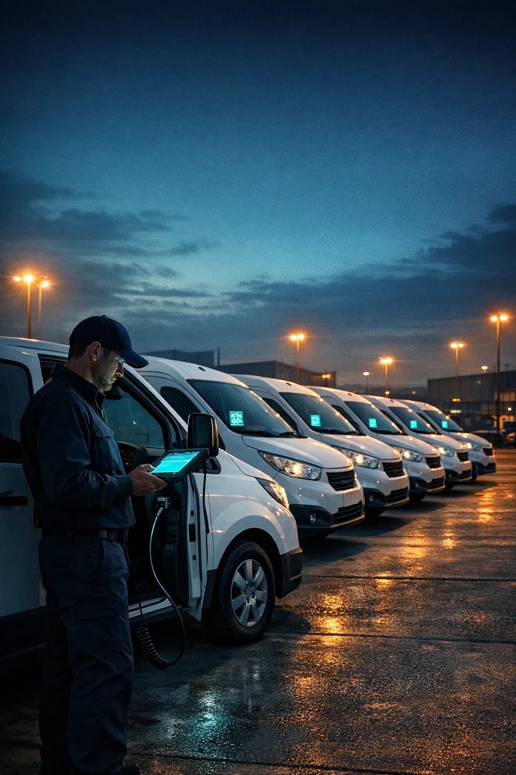 Linia 6 białych dostawczaków elektrycznych na placu firmowym o zmierzchu, technik z tabletem przy pierwszym pojeździe.