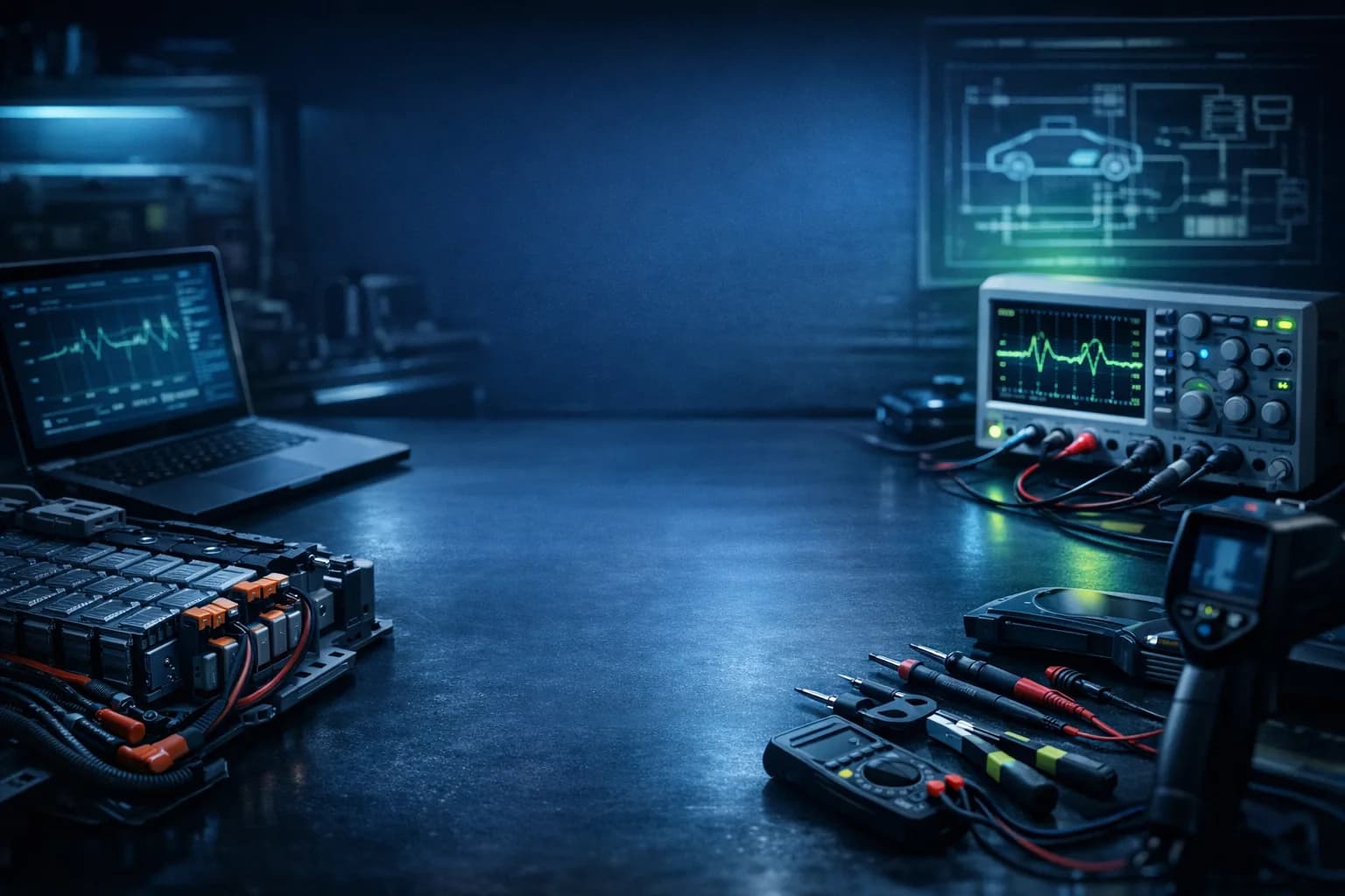 Stanowisko diagnostyczne z modułami baterii i oscyloskopem.