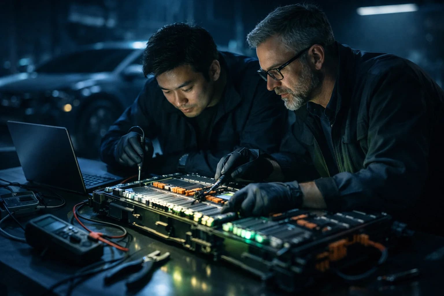 Inżynierowie Hybspec analizują otwarty pakiet baterii EV.