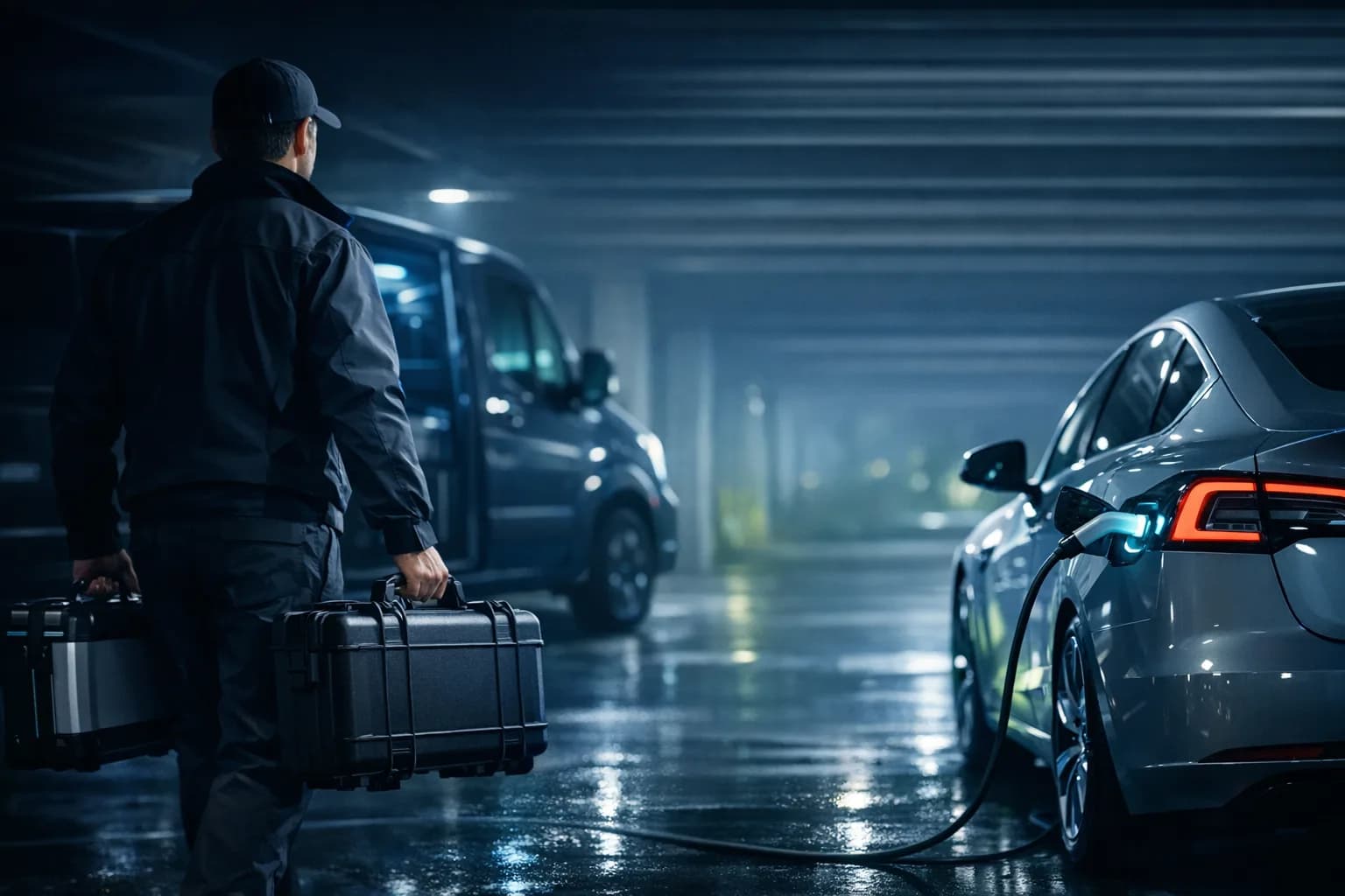 Mobilny diagnosta Hybspec z walizkami pomiarowymi przy aucie klienta.