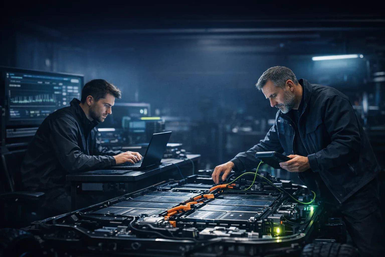 Inżynierowie Hybspec przy laptopie i otwartym pakiecie baterii EV.