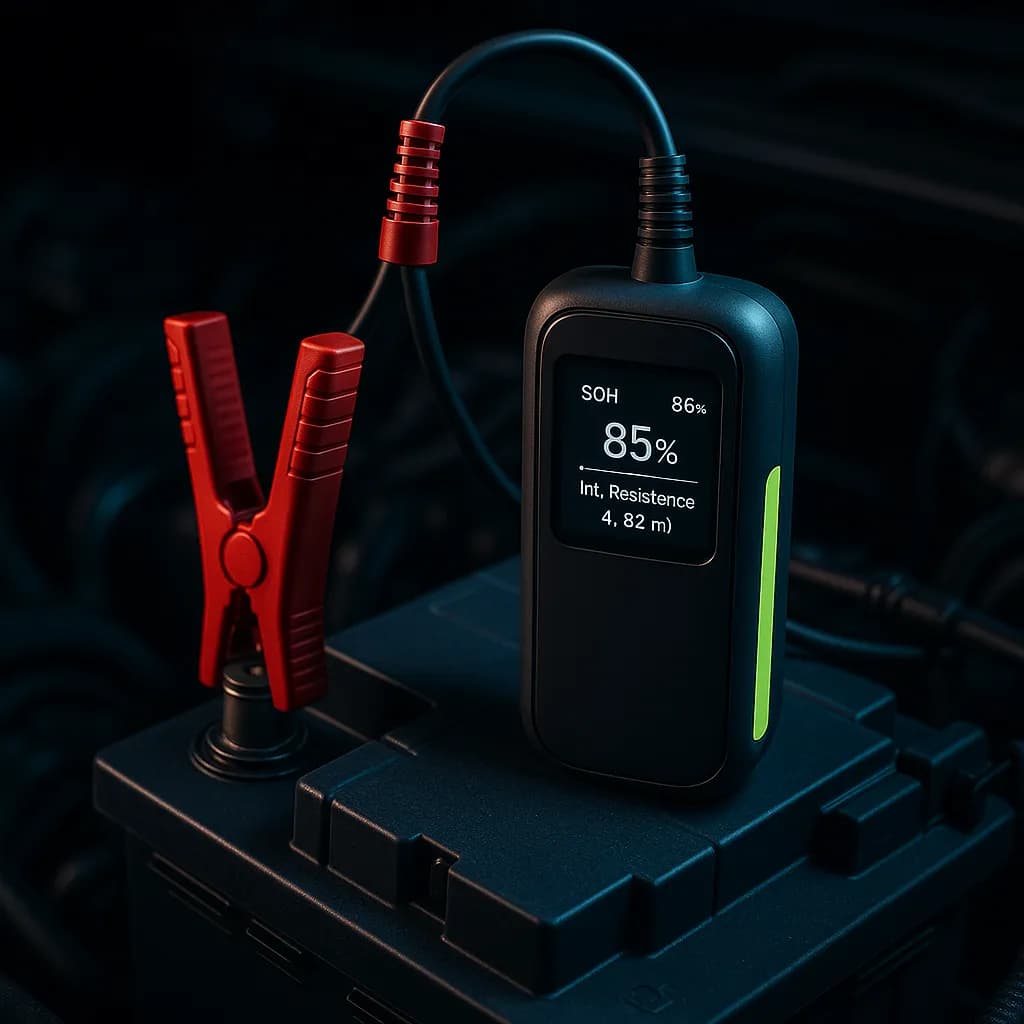 Tester baterii Autel BT506 podłączony do akumulatora 12V hybrydy — ekran z wynikiem SOH i rezystancją wewnętrzną