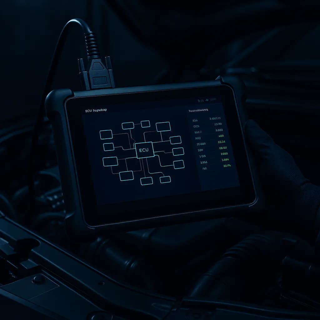 Tablet diagnostyczny Autel MaxiSYS Ultra S2 podłączony do samochodu — ekran z topologią sterowników ECU