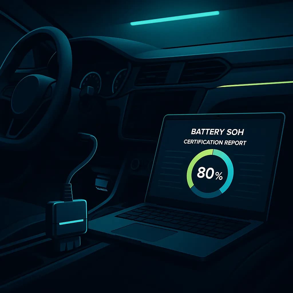 Tester AVILOO podłączony do złącza OBD hybrydy — ekran laptopa z certyfikatem SOH baterii trakcyjnej