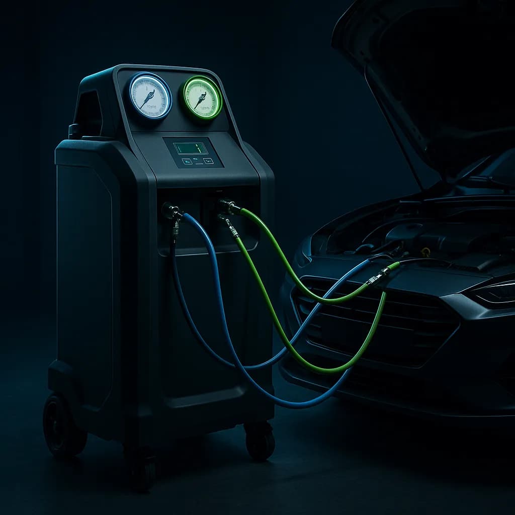 Stacja klimatyzacji Bosch ACS 663-P z manometrami i wężami serwisowymi podłączona do hybrydy