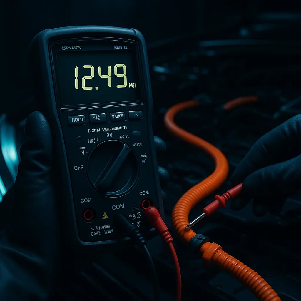 Multimetr Brymen BM878 w trybie megaomomierza — pomiar rezystancji izolacji przewodu HV z odczytem w MΩ
