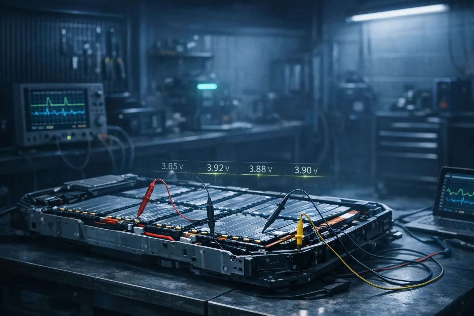 Diagnostyka baterii HV z otwartym pakietem EV i sondami pomiarowymi.